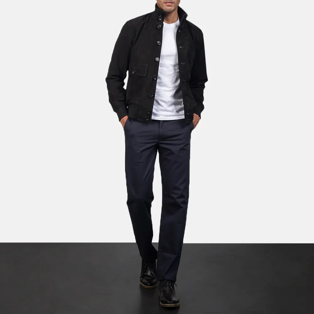
Vista de detalle of Knit Rib & Button Hardware on Eaton Brown Suede Bomber Jacket