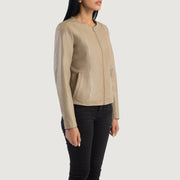 Beige Sheepskin Leather Biker Jacket - Vista trasera con ajuste entallado en hombros y bajo impecable