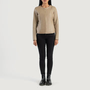 Elixir Beige Collarless Leather Jacket - Vista de perfil lateral con corte ergonómico de manga