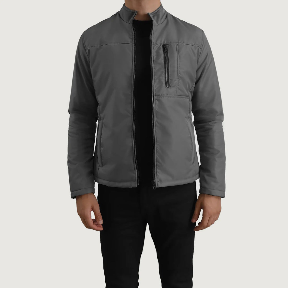 Elliot Gris Lightweight Chaqueta de Cuero para Hombre in Grey Full-Grain Leather - Vista frontal y silueta a medida | Comprar online