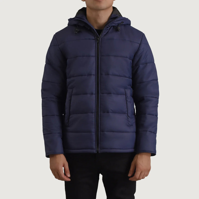 Erico Azul Hooded Puffer Chaqueta de Cuero para Hombre
