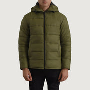 
Erico Verde Hooded Puffer Chaqueta de Cuero para Hombre in Green Full-Grain Leather - Vista frontal y silueta entallada | Comprar online