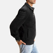 Black Goatskin Suede Bomber Jacket - Vista trasera con ajuste entallado en hombros y bajo impecable