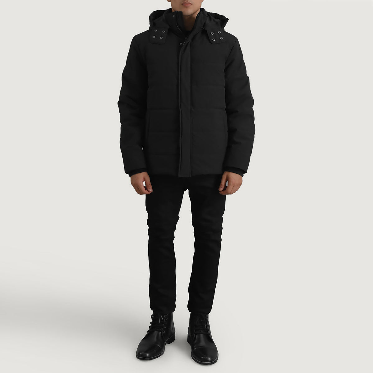 Detalle de cerca of Classic Collar &amp; Zipper With Placket. Hardware on Exton Negro Hooded Down Puffer Chaqueta de Cuero para Hombre