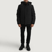 Detalle de cerca of Classic Collar &amp; Zipper With Placket. Hardware on Exton Negro Hooded Down Puffer Chaqueta de Cuero para Hombre