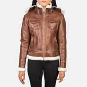 Women's Fiona Brown Hooded Shearling Leather Jacket in Brown Sheepskin Snuffed - Vista frontal y silueta a medida | Comprar online