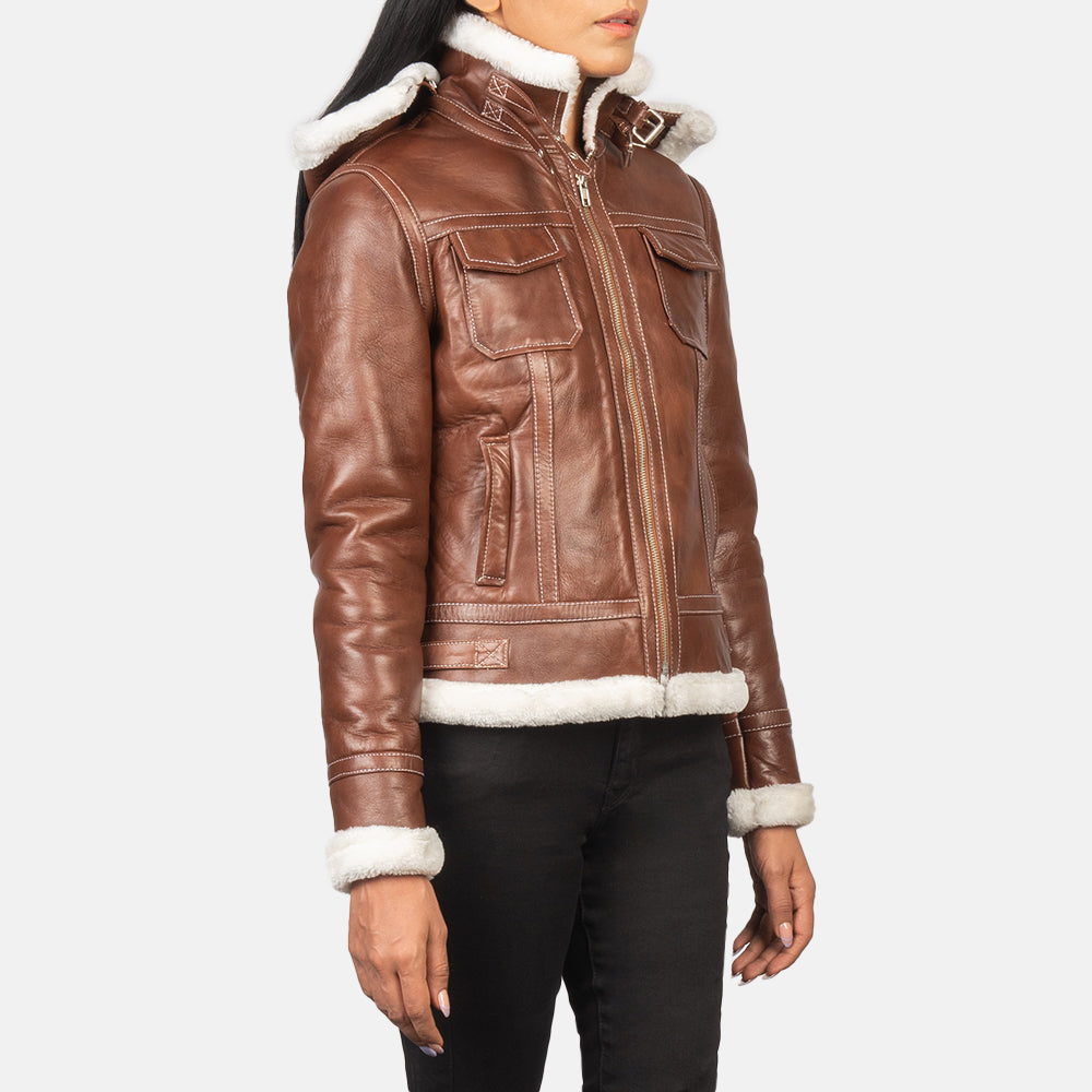 Detalle de cerca of High Neck with Belt &amp; Zipper Hardware on Women's Fiona Brown Hooded Shearling Leather Jacket