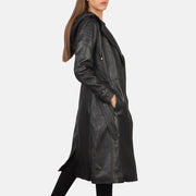 
Black Sheepskin Leather Trench Coat - Vista posterior con hombros definidos y bajo impecable