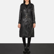 
Fixon Hooded Negro Gabardina Trench de Cuero para Mujer - Vista lateral mostrando el corte ergonómico de mangas