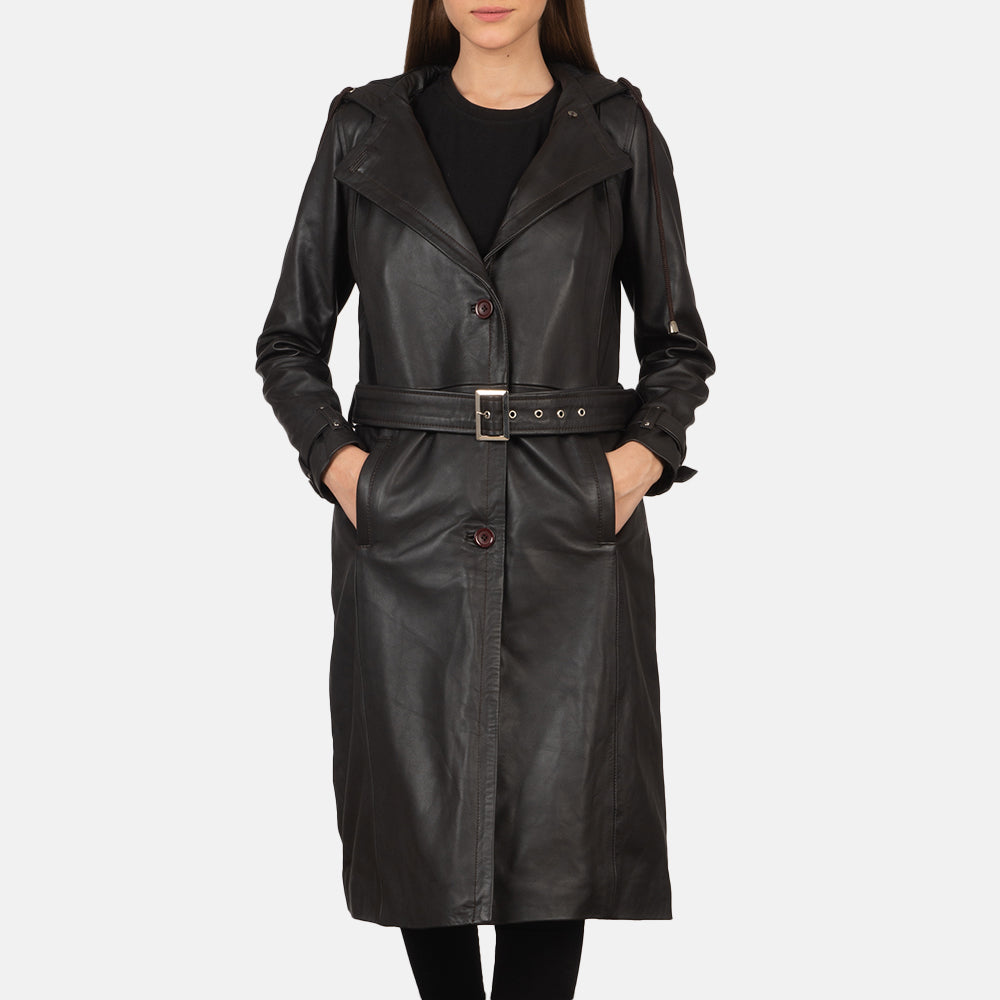 Fixon Hooded Brown Trench Coat in Brown Sheepskin Leather - Vista frontal y silueta entallada | Comprar online