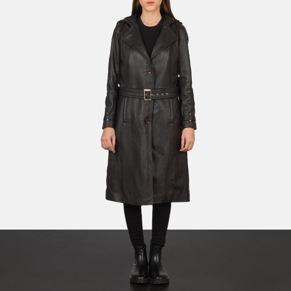 
Fixon Hooded Marrón Gabardina Trench de Cuero para Mujer - Vista lateral mostrando el corte ergonómico de mangas
