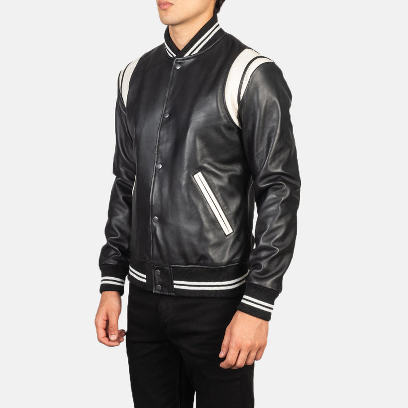 [FS] Dantee Negro Leather Varsity Chaqueta de Cuero para Hombre