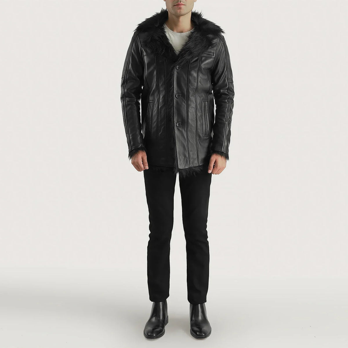 
Vista de detalle of Notch & Button Hardware on Furcliff Negro Abrigo de Cuero para Hombre