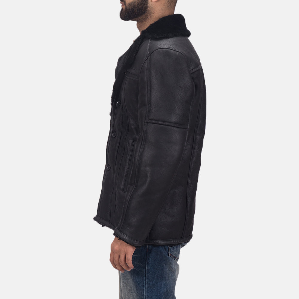 Black Shearling Leather (Double Face) Aviator Jacket - Vista trasera con ajuste entallado en hombros y bajo impecable