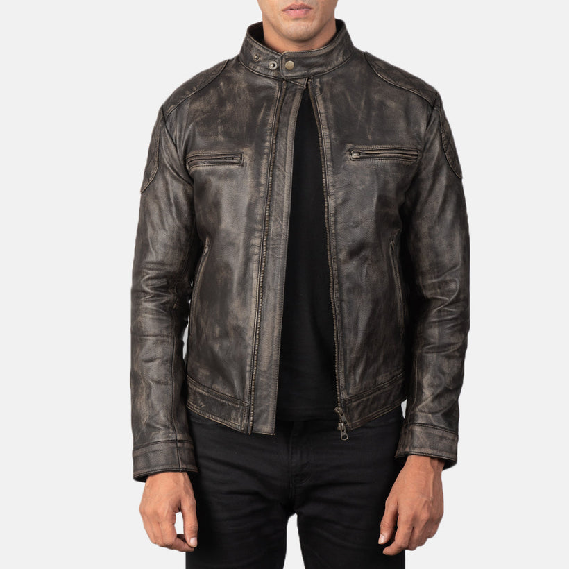 Gatsby Efecto Envejecido Marrón Chaqueta de Cuero para Hombre