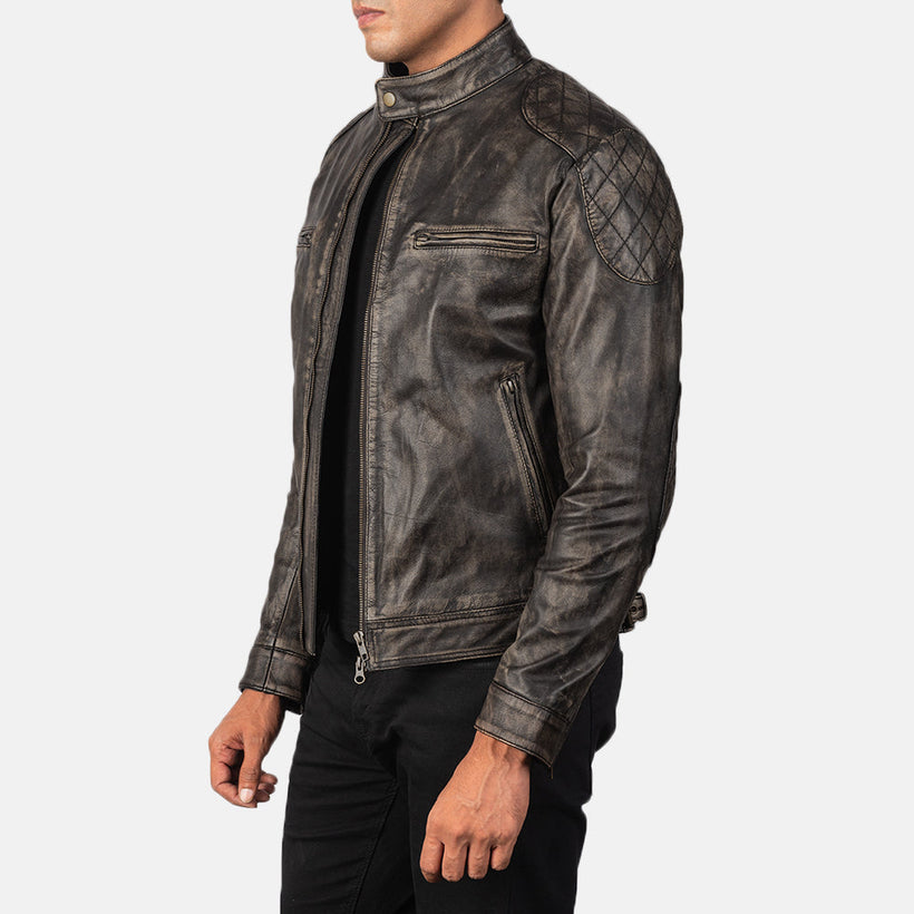 Gatsby Efecto Envejecido Marrón Chaqueta de Cuero para Hombre
