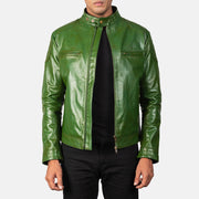 Men's Gatsby Quilted Green Leather Biker Jacket in Green Sheepskin Burnishing - Vista frontal y silueta a medida | Comprar online