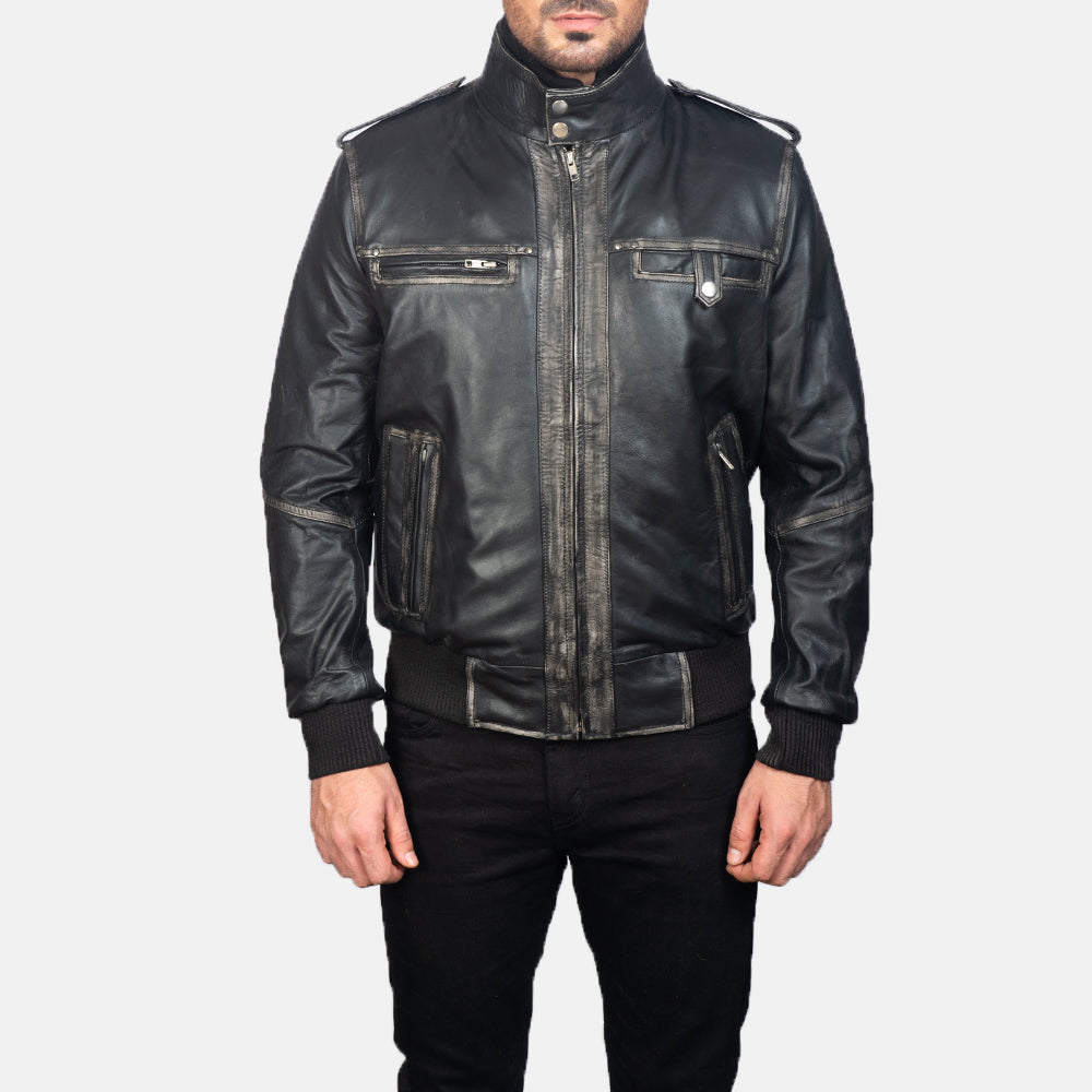 Glen Street Negro Cazadora Bomber de Cuero para Hombre in Black Cowhide Leather - Vista frontal y silueta a medida | Comprar online