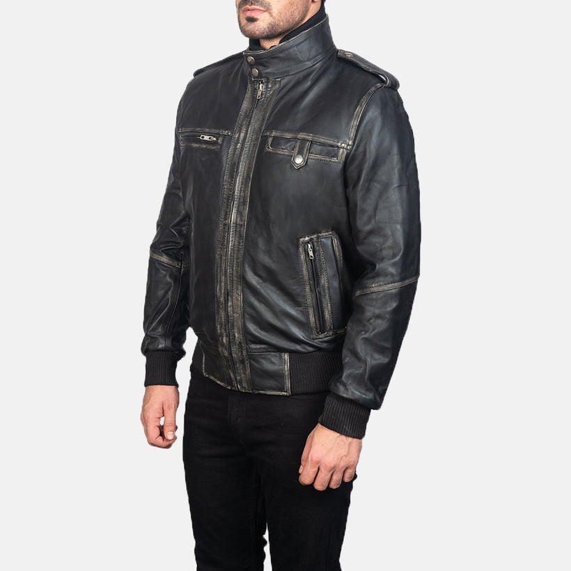Glen Street Negro Cazadora Bomber de Cuero para Hombre