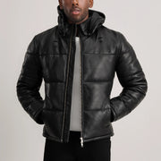 
Gordon Tan Hooded Leather Puffer Jacket in Tan Brown Sheepskin Leather - Vista frontal y silueta entallada | Comprar online