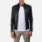 Hank Negro Chaqueta Biker de Cuero para Hombre in Black &amp; White Cowhide Leather - Vista frontal y silueta a medida | Comprar online