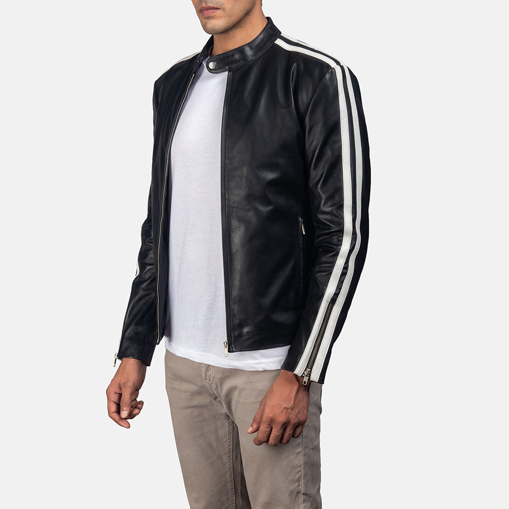 Black &amp; White Cowhide Leather Biker Jacket - Vista trasera con ajuste entallado en hombros y bajo impecable