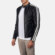 Black &amp; White Cowhide Leather Biker Jacket - Vista trasera con ajuste entallado en hombros y bajo impecable