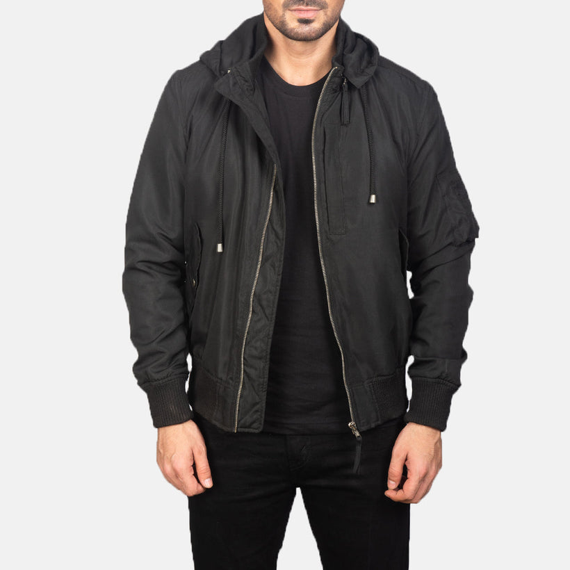 Men's Hanklin Ma-1 Black Hooded Bomber Jacket in Black Polyester - Front Profile View & Tailored Silhouette | Buy Online