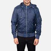 
Vista de detalle of Knit Rib with Removable Nylon Hood & Zipper Hardware on Blue Hooded Bomber Jacket