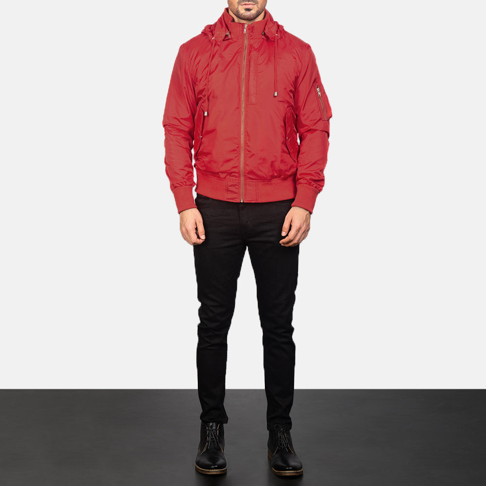 Men's Hanklin Ma-1 Red Hooded Bomber Jacket - Vista de perfil lateral con corte ergonómico de manga