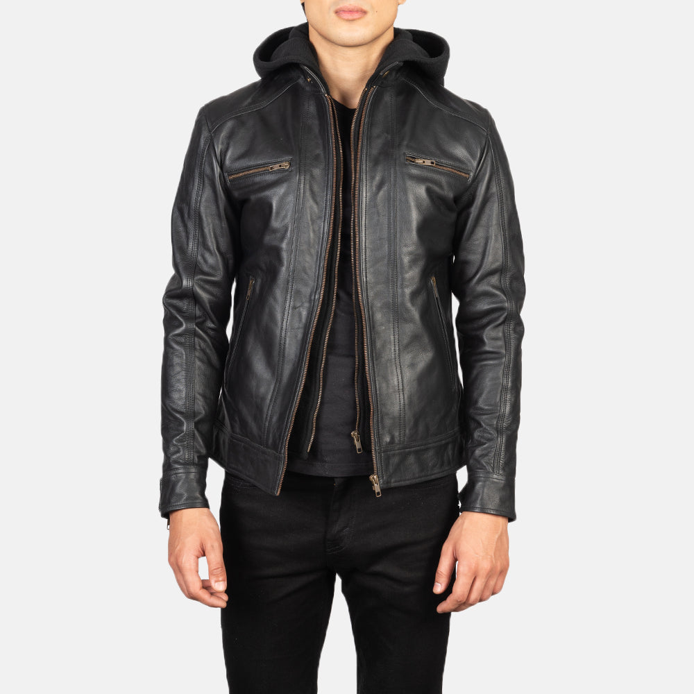 Men's Hector Negro Hooded Chaqueta Biker de Cuero para Hombre in Black Cowhide Leather - Vista frontal y silueta a medida | Comprar online
