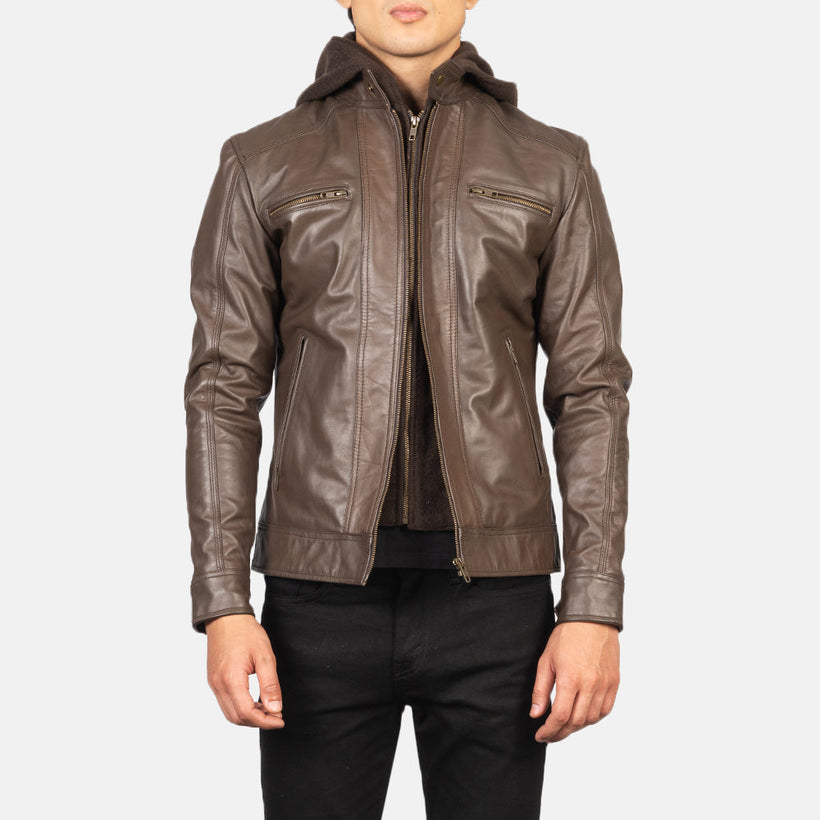 Hector Marrón Hooded Chaqueta Biker de Cuero para Hombre