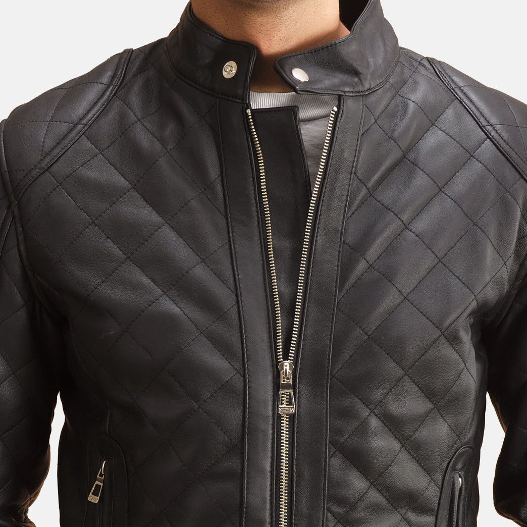 Detalle de cerca of Band with Snap Button &amp; Zipper Hardware on Henry Acolchado Negro Chaqueta de Cuero para Hombre