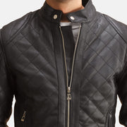 Detalle de cerca of Band with Snap Button &amp; Zipper Hardware on Henry Acolchado Negro Chaqueta de Cuero para Hombre