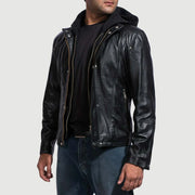 Black Cowhide Leather Hooded Jacket - Vista trasera con ajuste entallado en hombros y bajo impecable