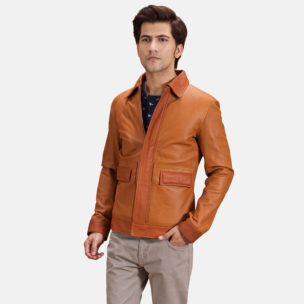 Hubert Tostado Marrón Chaqueta de Cuero para Hombre in Tan Brown Sheepskin Leather - Vista frontal y silueta a medida | Comprar online