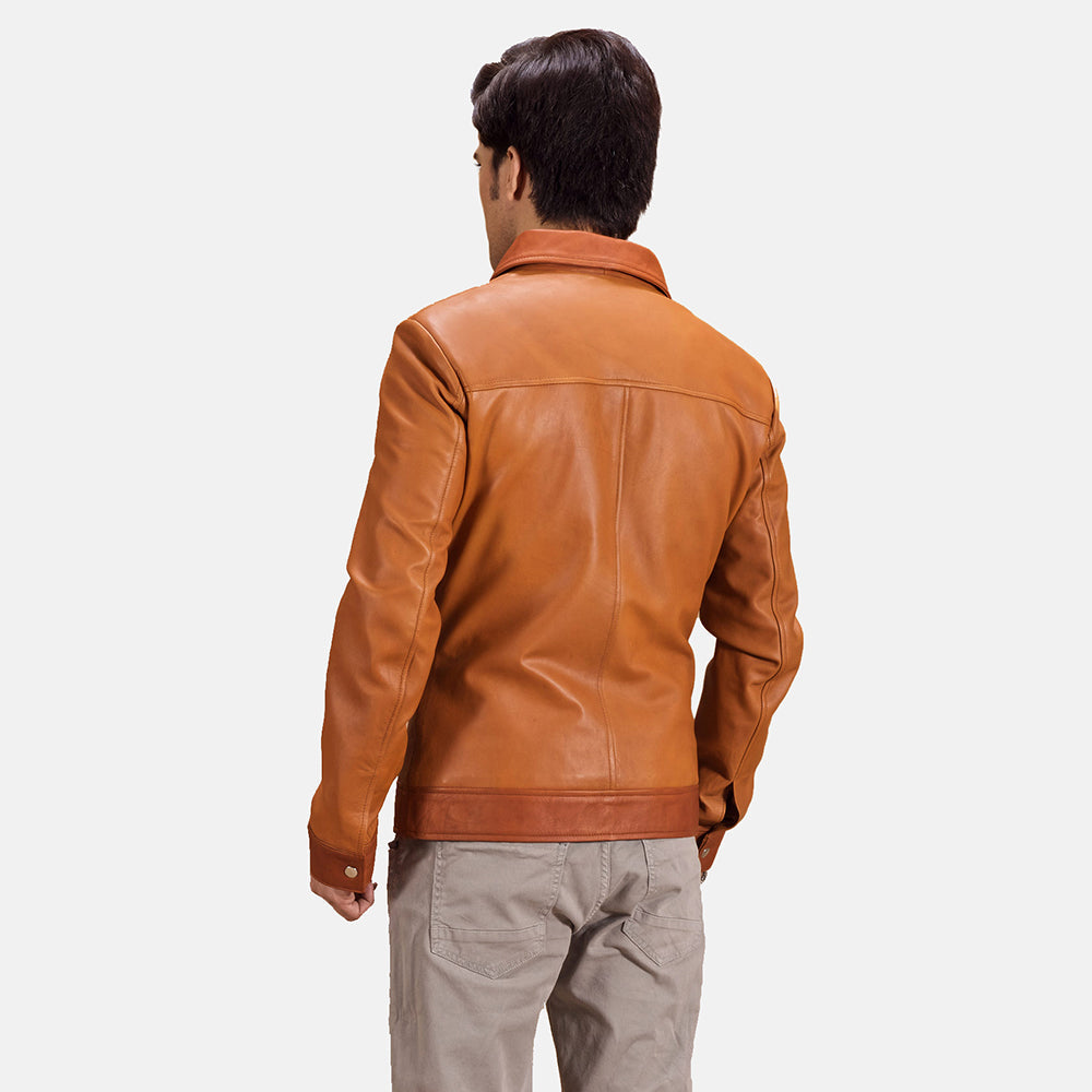 Tan Brown Sheepskin Leather Biker Jacket - Vista trasera con ajuste entallado en hombros y bajo impecable