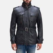 Hunter Negro Chaqueta de Cuero para Hombre in Black Sheepskin Leather - Vista frontal y silueta a medida | Comprar online