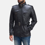 Hunter Negro Chaqueta de Cuero para Hombre - Vista de perfil lateral con corte ergonómico de manga