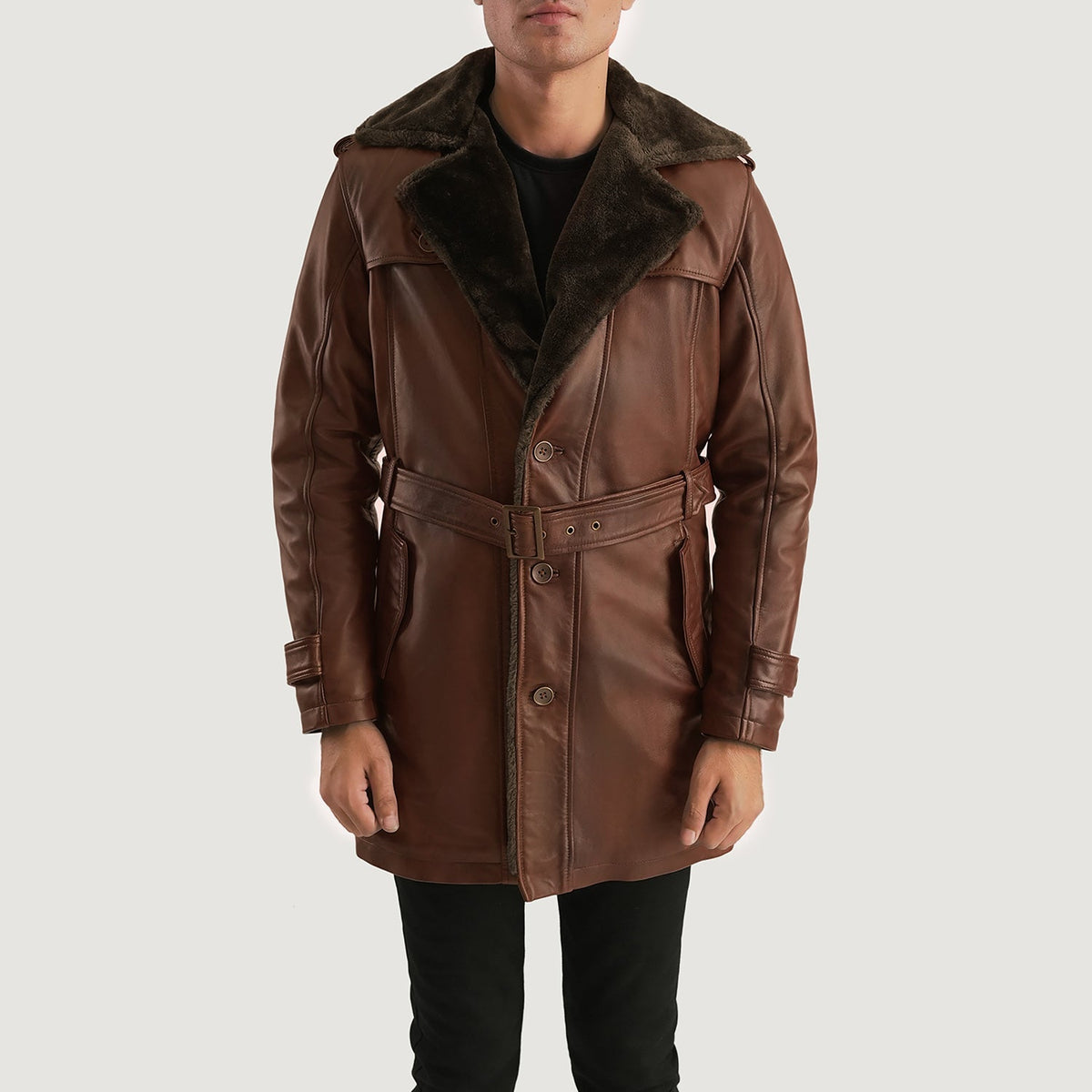 
Hunter Marrón Envejecido Fur Abrigo de Cuero para Hombre in Distressed Brown Sheepskin Burnishing - Vista frontal y silueta entallada | Comprar online