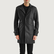 Infinity Black Leather Coat in Black Sheepskin Leather - Vista frontal y silueta a medida | Comprar online