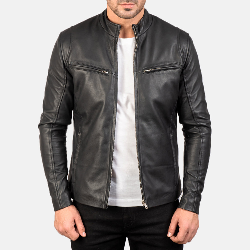 Men's Ionic Black Leather Jacket in Black Sheepskin Leather - Vista frontal y silueta a medida | Comprar online
