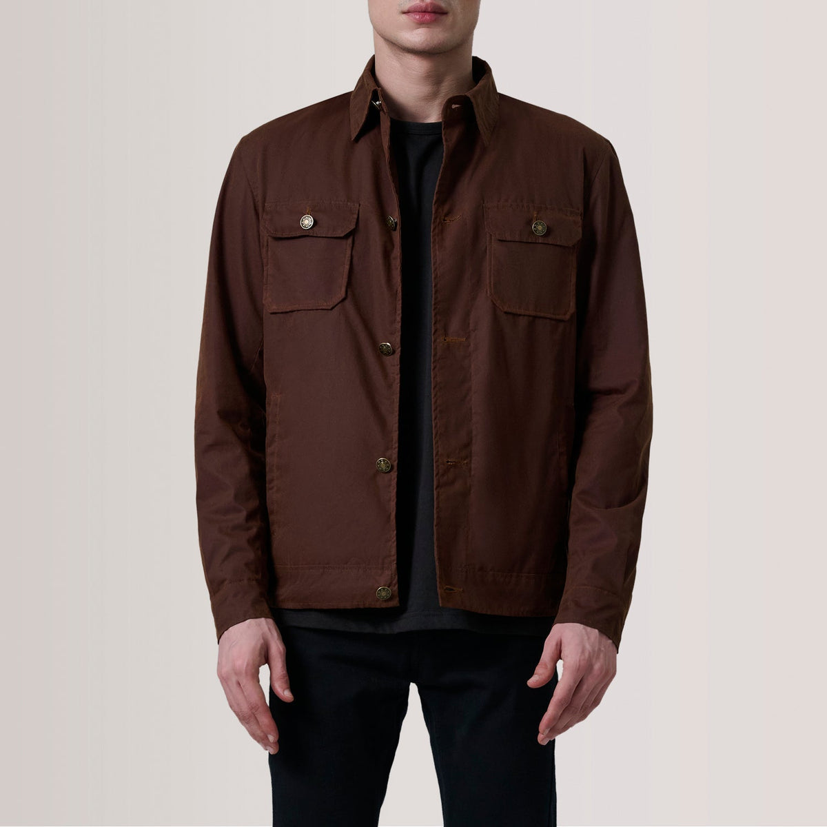Irwin Marrón Waxed Canvas Field Chaqueta de Cuero para Hombre For Men in Brown Waxed Cotton Canvas - Vista frontal y silueta a medida | Comprar online