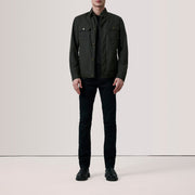 
Olive Waxed Cotton Canvas Leather Jacket - Vista posterior con hombros definidos y bajo impecable