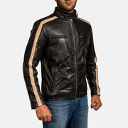 
Primer plano del cuello con broche a presión y cremalleras de Jack Negro Chaqueta Biker de Cuero para Hombre