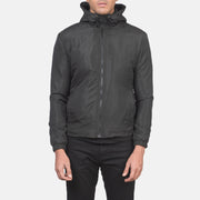 
Vista de detalle of High Neck with Hood & Zipper with wind flap Hardware on Jimmy Negro Hooded Windbreaker Chaqueta de Cuero para Hombre
