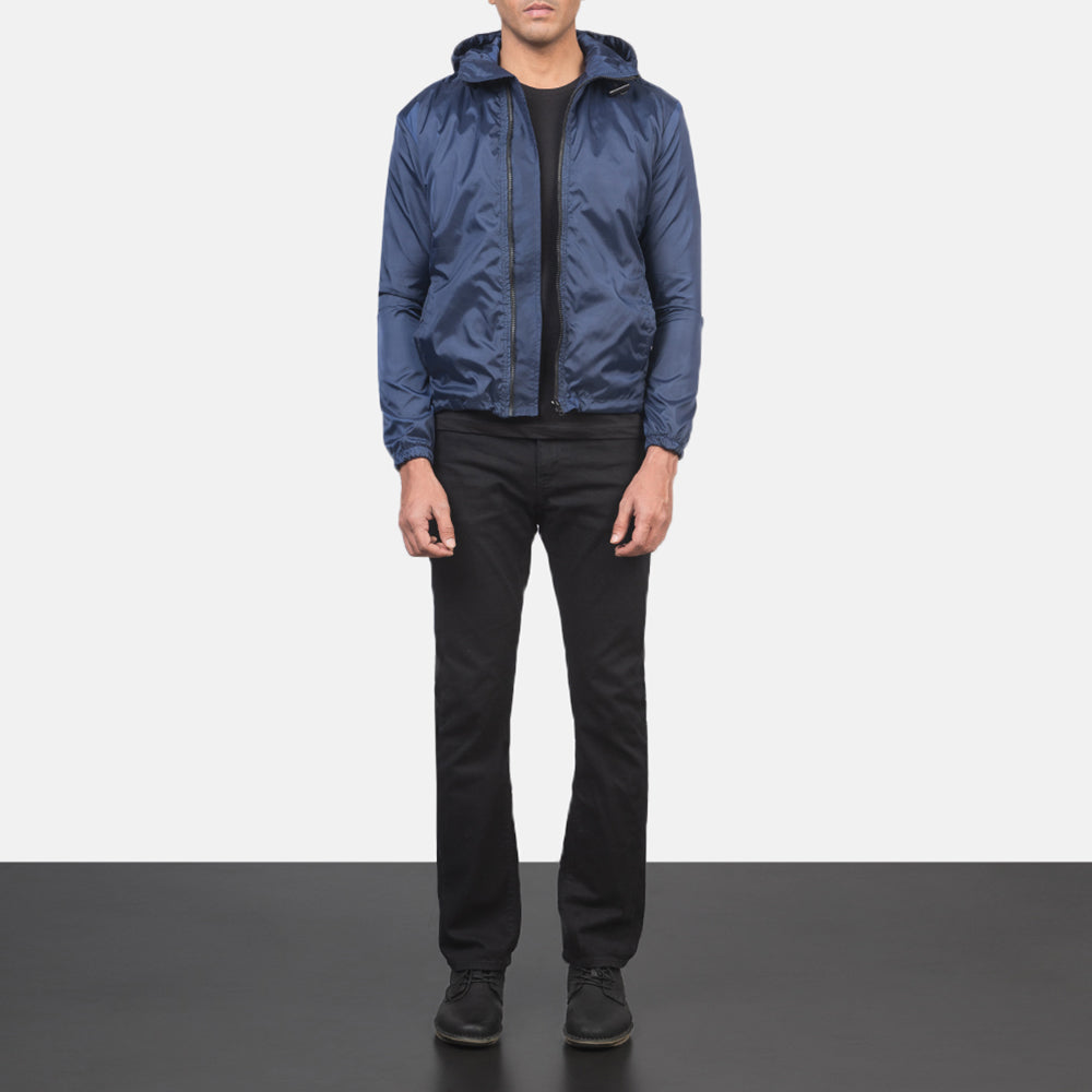 
Jimmy Azul Hooded Windbreaker Chaqueta de Cuero para Hombre - Vista lateral mostrando el corte ergonómico de mangas