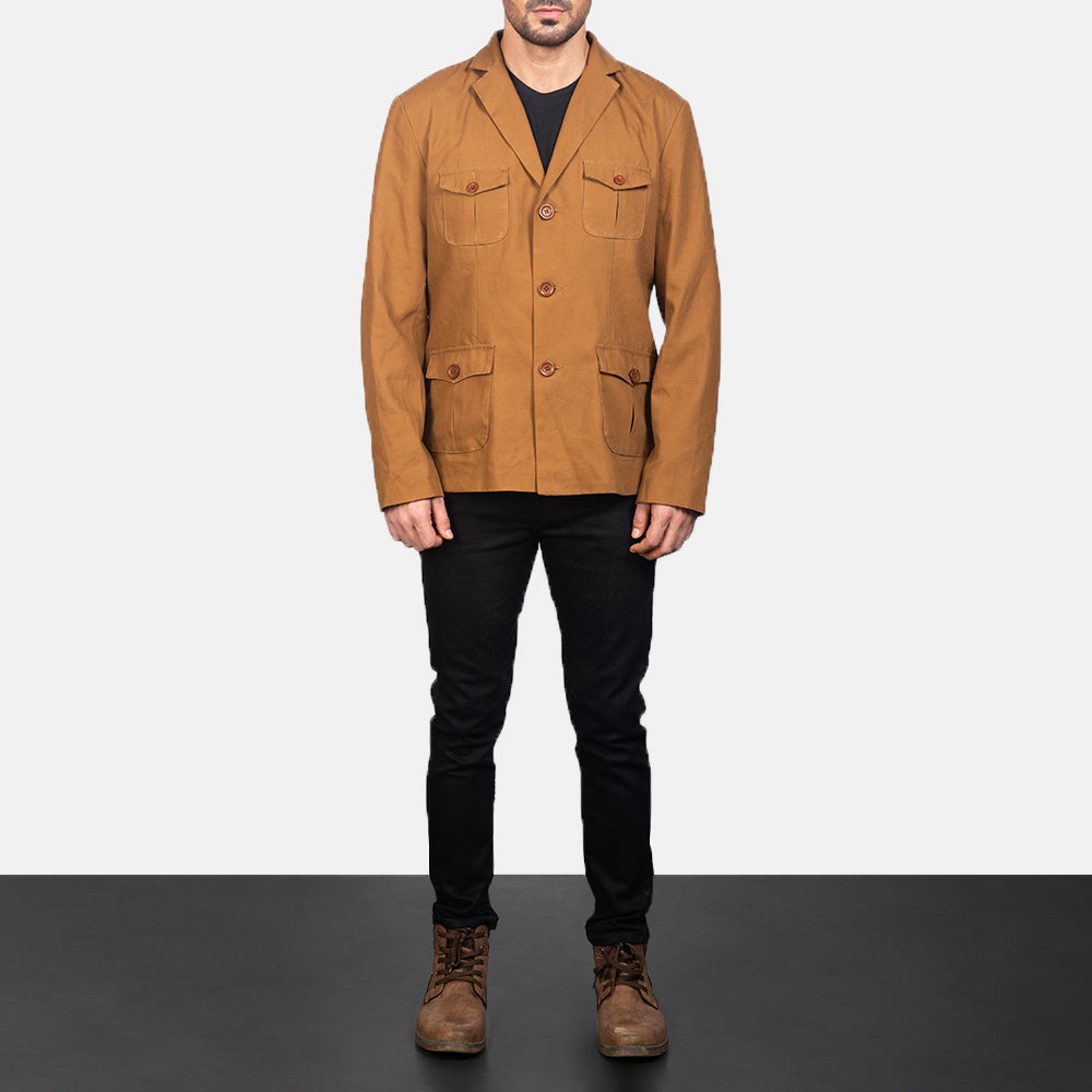 Kajetan Khaki Safari Chaqueta de Cuero para Hombre - Vista de perfil lateral con corte ergonómico de manga
