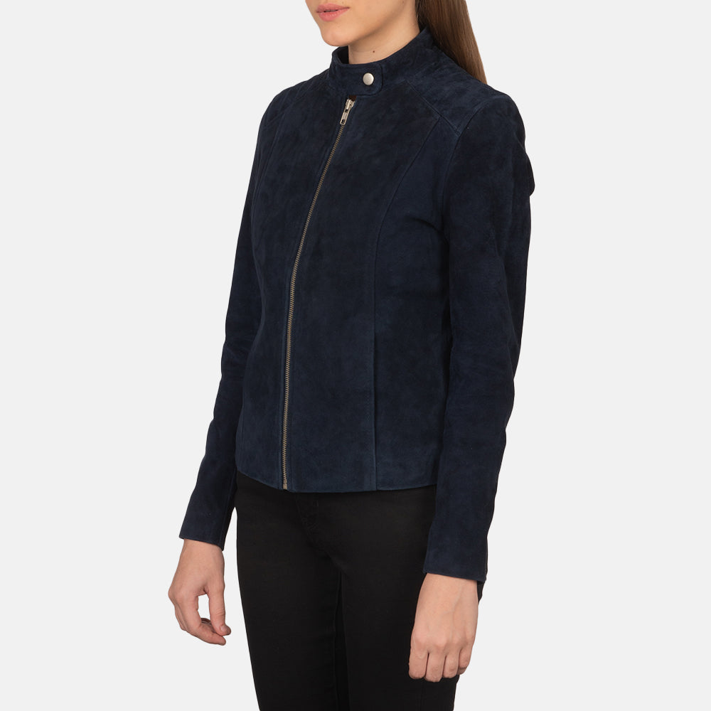 
Navy Blue Goatskin Suede Biker Jacket - Vista posterior con hombros definidos y bajo impecable