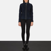 
Kelsee Navy Blue Suede Biker Jacket - Vista lateral mostrando el corte ergonómico de mangas